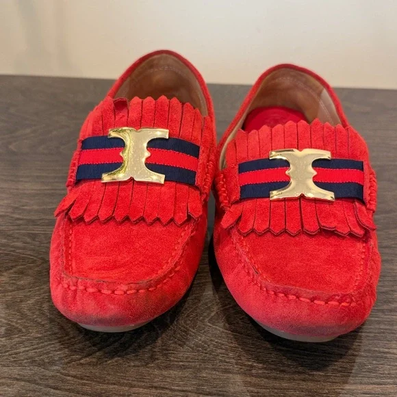 Tory Burch. Red Suede Loafers with dark blue.Gold metal Accent . Authentic - Picture 3 of 12